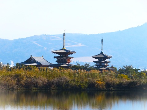 24大池越しに薬師寺西塔と東塔の間に野焼き後の若草山が見える